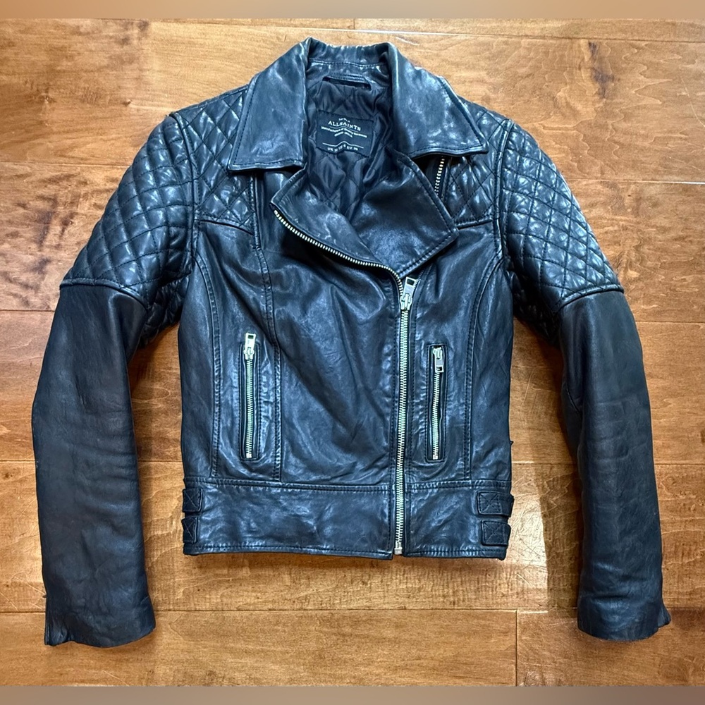 AllSaints Walker Quilted Leather Moto Jacket Black Buckle US 6 - Picture 2 of 13